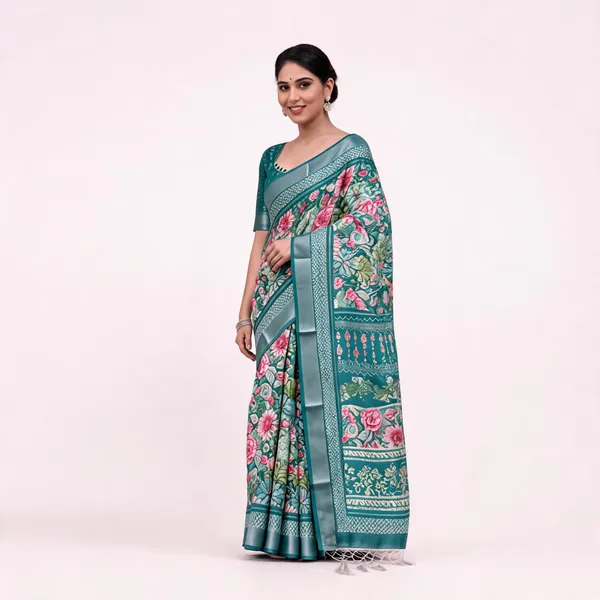 Teal_Printed_Saree_With_Blouse_For_Women