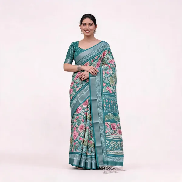 Teal_Printed_Saree_With_Blouse_For_Women