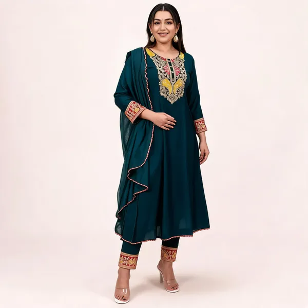 Teal_Embroidered_Straight_Kurta_Set_For_Women