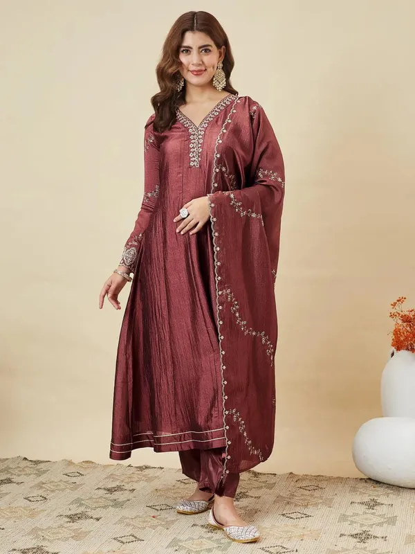 Maroon_Embroidered_Straight_Kurta_Set_For_Women