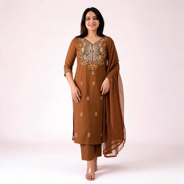 Brown_Embroidered_Straight_Suit_Set_For_Women