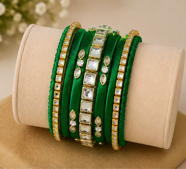Green_Stone_And_Thread_Bangle_Set_For_Women_9_Pieces