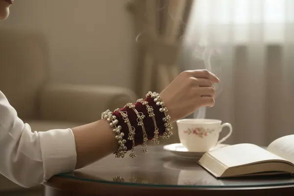 Maroon_Gold_Tone_Pearl_Accent_Bangle_Set_For_Women