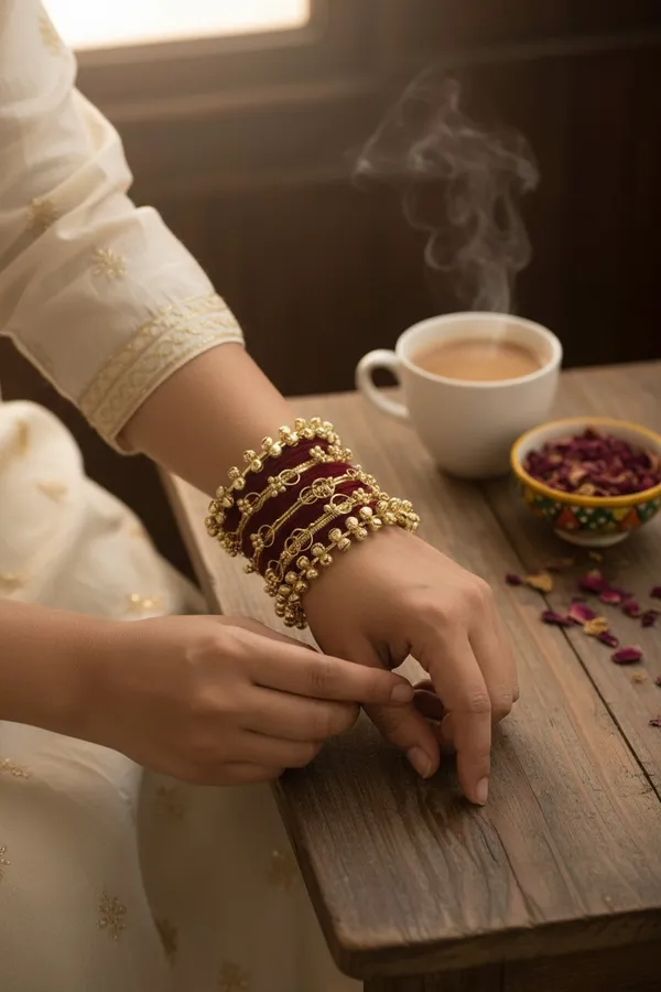 Maroon_Gold_Tone_Pearl_Accent_Bangle_Set_For_Women