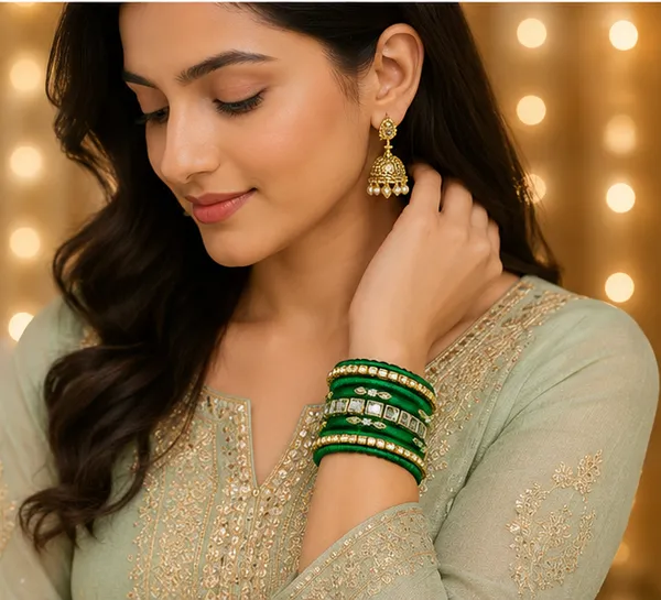Green_Stone_And_Thread_Bangle_Set_For_Women_9_Pieces