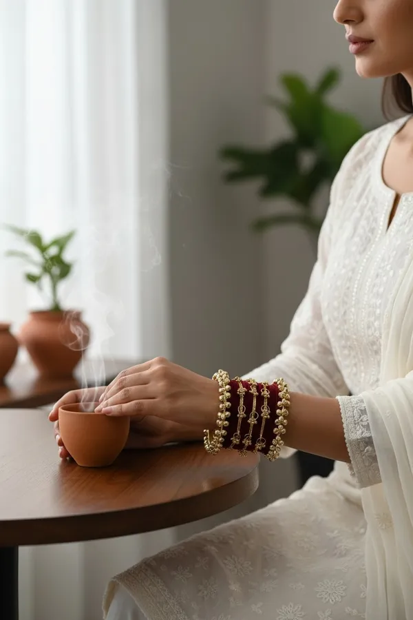 Maroon_Gold_Tone_Pearl_Accent_Bangle_Set_For_Women