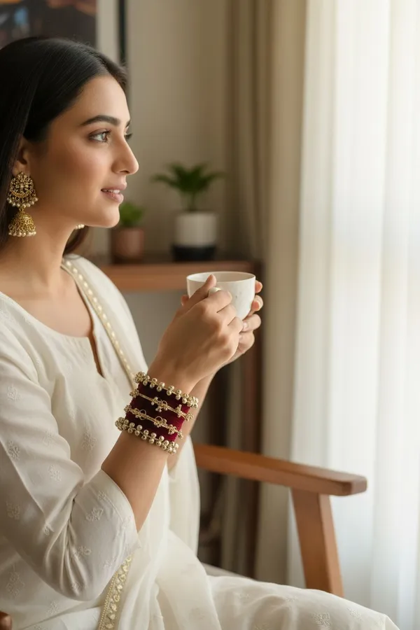Maroon_Gold_Tone_Pearl_Accent_Bangle_Set_For_Women
