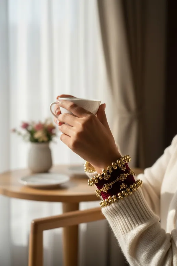 Maroon_Gold_Tone_Pearl_Accent_Bangle_Set_For_Women