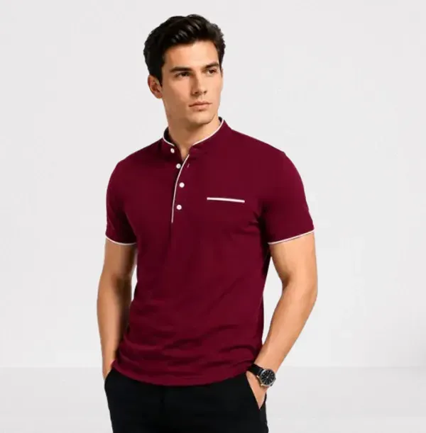 Maroon_Mandarin_Collar_Polo_T_Shirt_For_Men