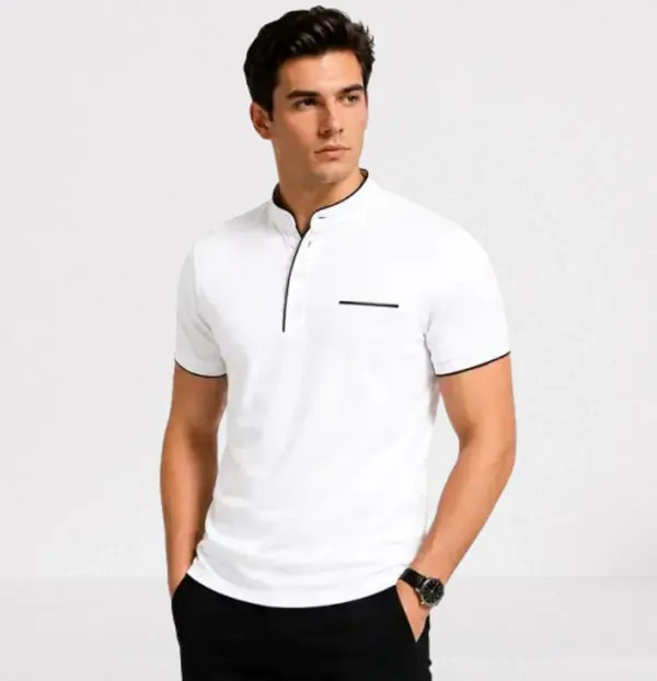 White_Mandarin_Collar_Polo_T_Shirt_For_Men