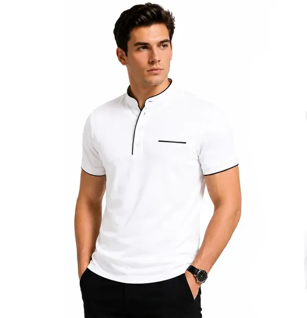 White_Mandarin_Collar_Polo_T_Shirt_For_Men