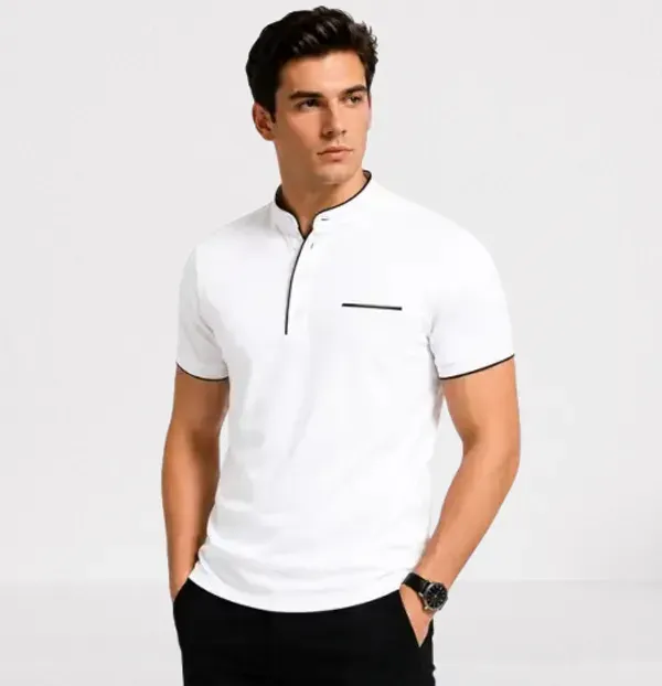 White_Mandarin_Collar_Polo_T_Shirt_For_Men