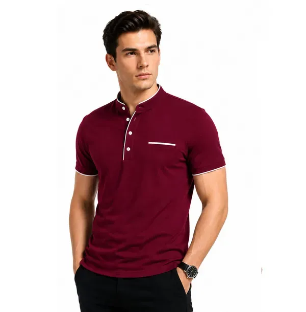 Maroon_Mandarin_Collar_Polo_T_Shirt_For_Men