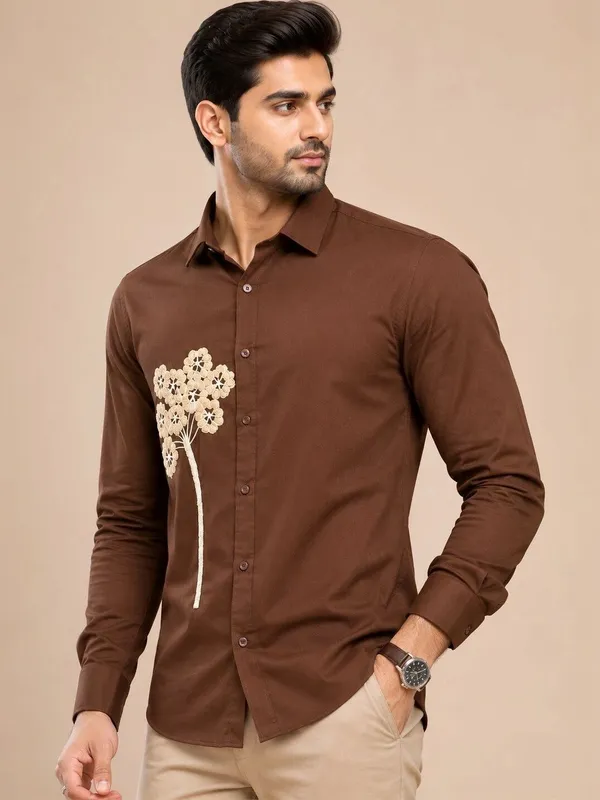 Brown_Embroidered_Slim_Fit_Shirt_for_Men