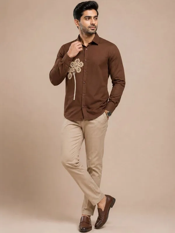 Brown_Embroidered_Slim_Fit_Shirt_for_Men