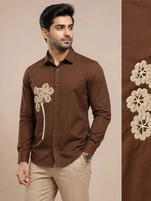 Brown_Embroidered_Slim_Fit_Shirt_for_Men