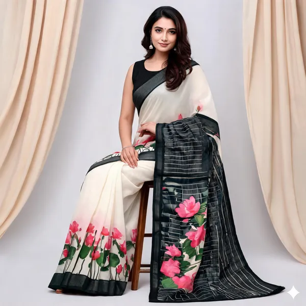White_Pink_Lotus_Linen_Saree_With_Blouse_Piece_For_Women_Wear_All_Occasion