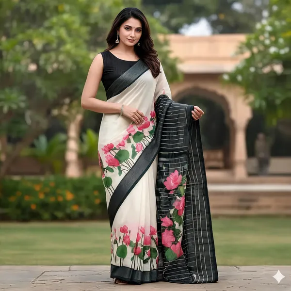 White_Pink_Lotus_Linen_Saree_With_Blouse_Piece_For_Women_Wear_All_Occasion