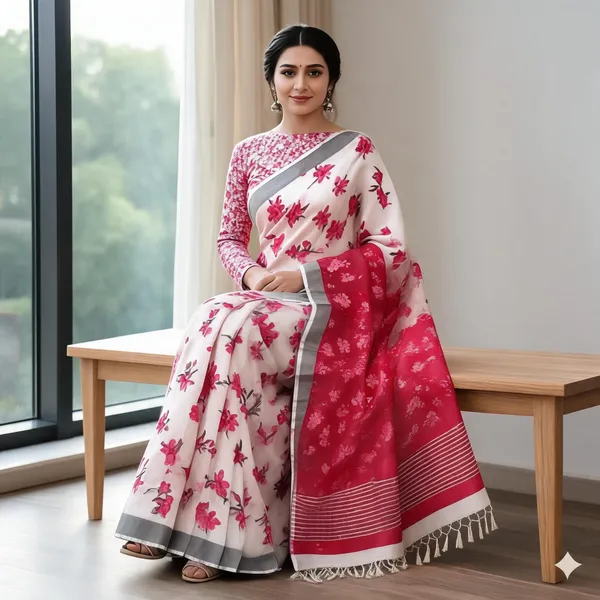 Cream_Pink_Linen_Saree_With_Blouse_For_Women_Wear_All_Occasion