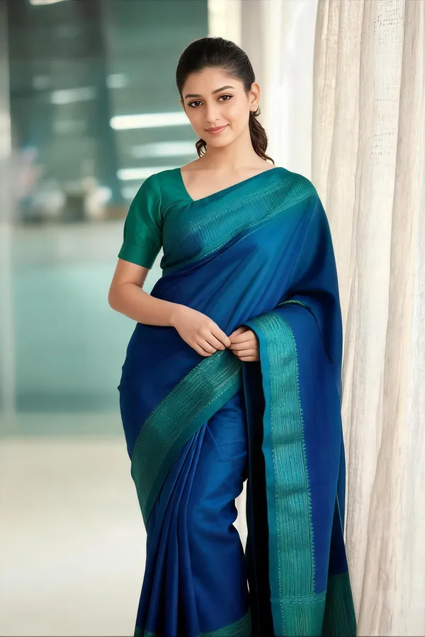 Teal_Blue_Raw_Silk_Dual_Tone_Saree_With_Blouse_Piece_For_Women
