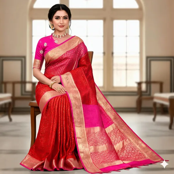 Red_With_Pink_Semi_Mysore_Silk_Saree_With_Blouse_Piece_For_Women