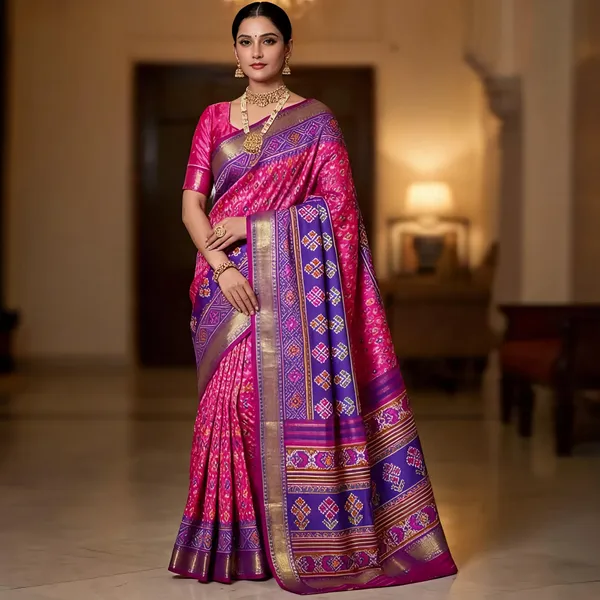 Pink_Patola_Silk_Saree_With_Blouse_Piece_For_Women