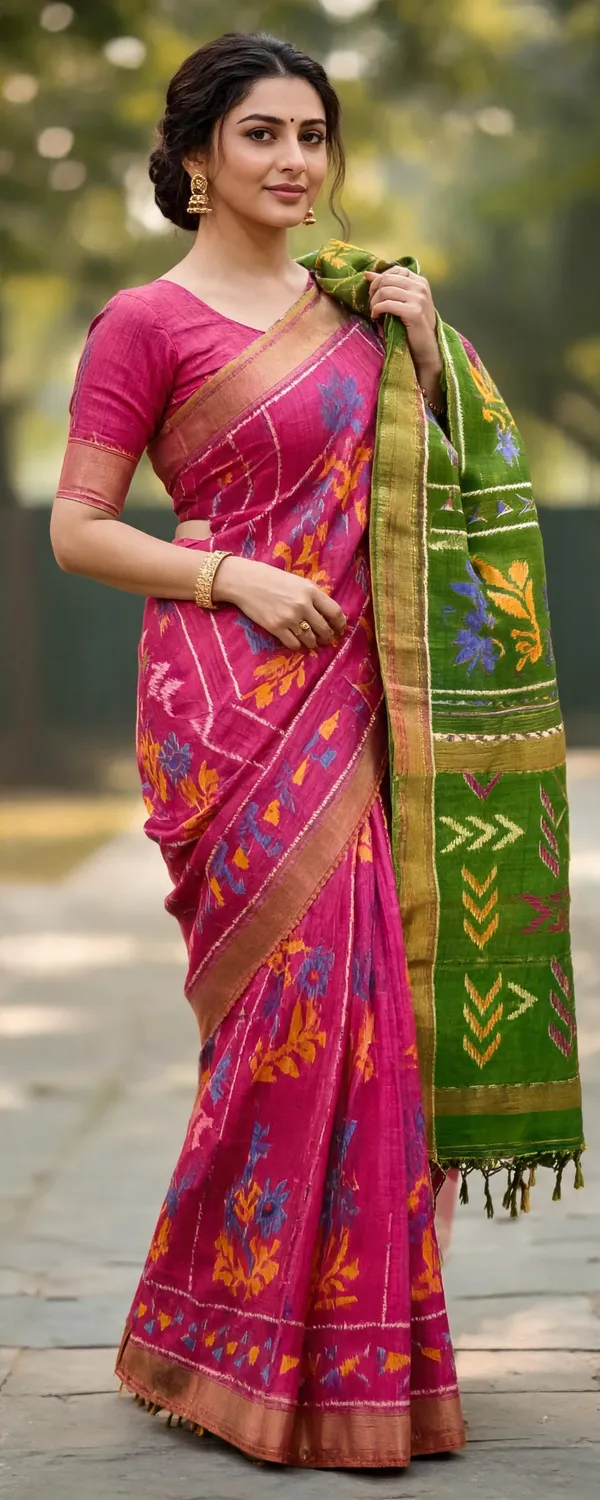 Pink_Ikkat_Silk_Saree_With_Blouse_Piece_For_Women