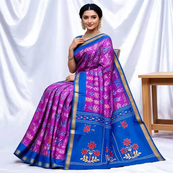 Magenta_Ikkat_Silk_Saree_With_Blouse_Piece_For_Women