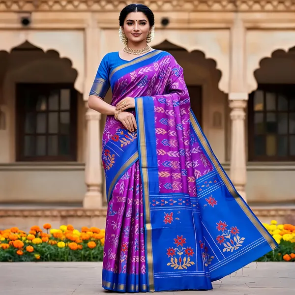 Magenta_Ikkat_Silk_Saree_With_Blouse_Piece_For_Women