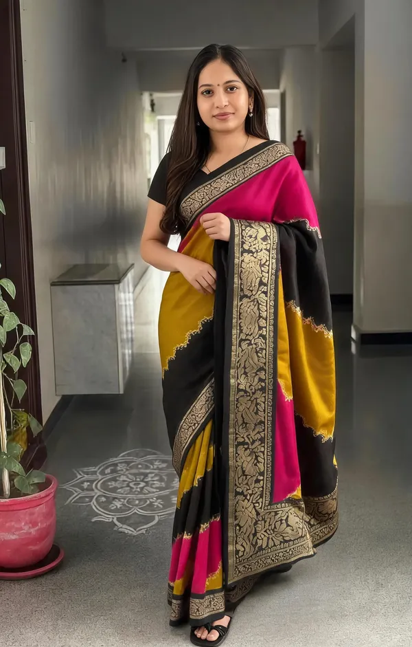 Mustard_Black_Dola_Silk_Saree_With_Blouse_Piece_For_Women_Wear_All_Occasion