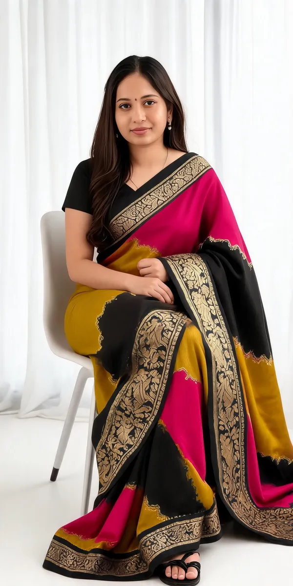 Mustard_Black_Dola_Silk_Saree_With_Blouse_Piece_For_Women_Wear_All_Occasion