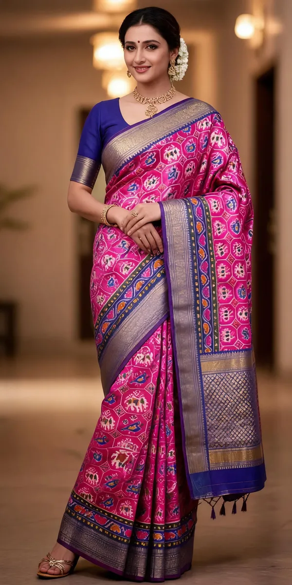 Pink_Patola_Silk_Pink_With_Blue_Saree_With_Blouse_Piece_For_Women