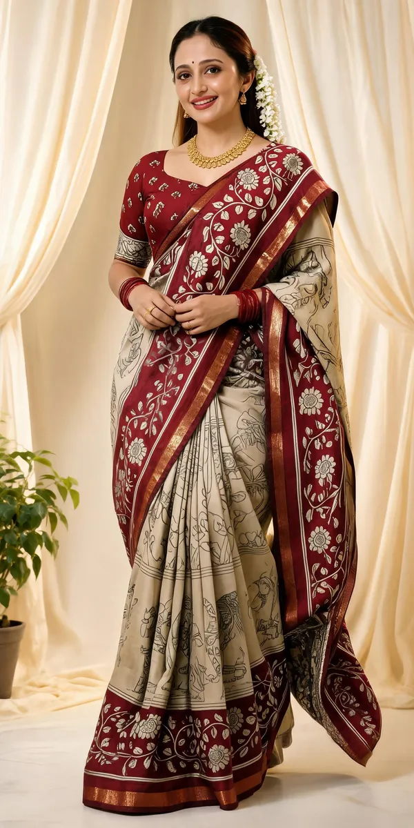 Beige_Red_Kalamkari_Saree
