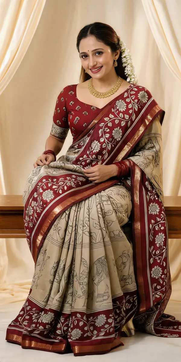 Beige_Red_Kalamkari_Saree