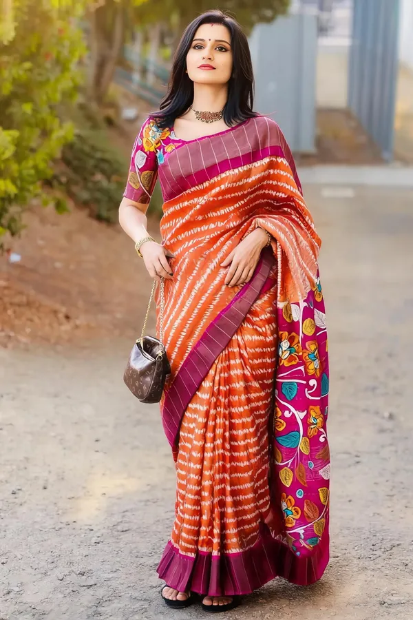 Orange_Pink_Kalamkari_Saree