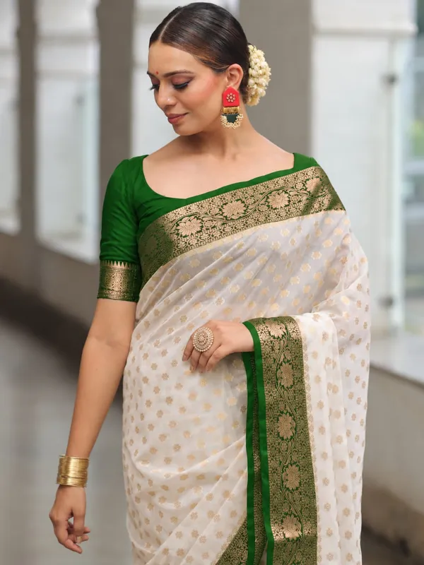White_Floral_Woven_Saree_With_Green_Border_For_Women
