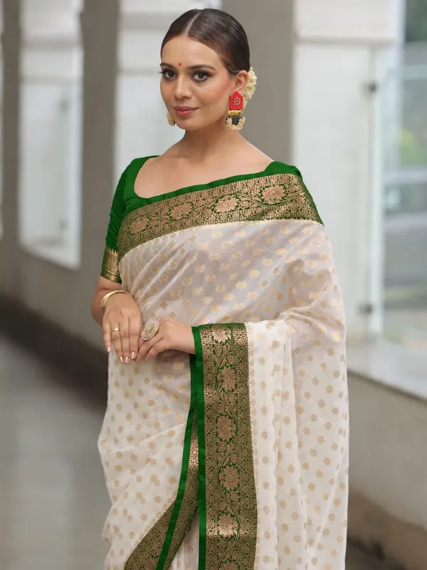 White_Floral_Woven_Saree_With_Green_Border_For_Women