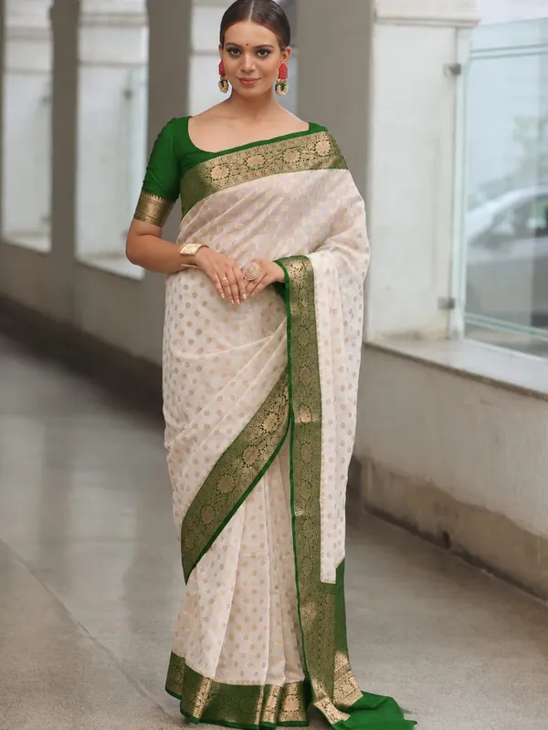 White_Floral_Woven_Saree_With_Green_Border_For_Women
