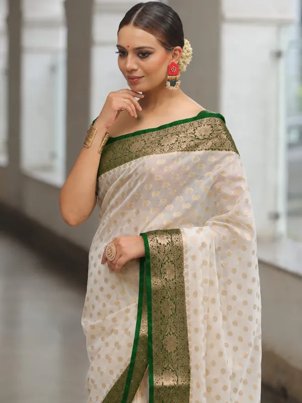White_Floral_Woven_Saree_With_Green_Border_For_Women