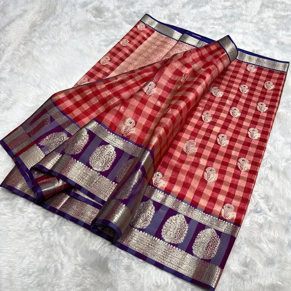 Red_Seli_Katan_Silk_Woven_Checked_Paisley_Saree_For_Women