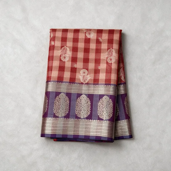 Red_Seli_Katan_Silk_Woven_Checked_Paisley_Saree_For_Women