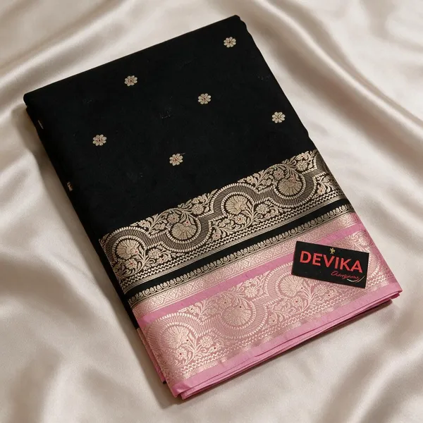 Black_Soft_Silk_Floral_Buti_Pink_Border_Saree_For_Women