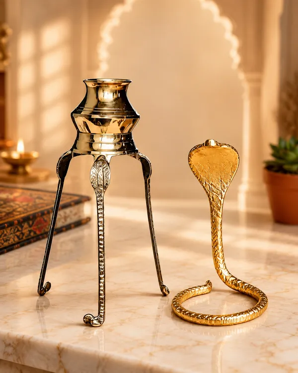 Brass_Gold_Sacred_Cobra_Nag_Pooja_Idol_And_Brass_Gold_Three_Leg_Pooja_Stand_Combo_Set