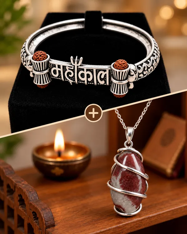 Brown_Narmada_Stone_Shiva_Pendant_For_Unisex_And_Silver_Metal_Mahakal_Rudraksha_Kada_Bracelet_For_Unisex_Combo_Set