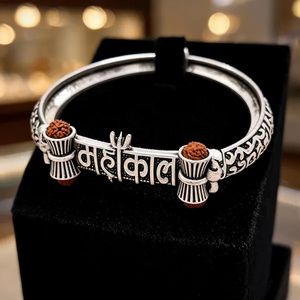 Brown_Narmada_Stone_Shiva_Pendant_For_Unisex_And_Silver_Metal_Mahakal_Rudraksha_Kada_Bracelet_For_Unisex_Combo_Set