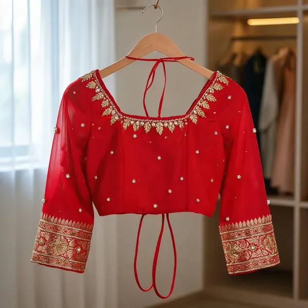 Red_Georgette_Gold_Embroidered_Bridal_Blouse_For_Women