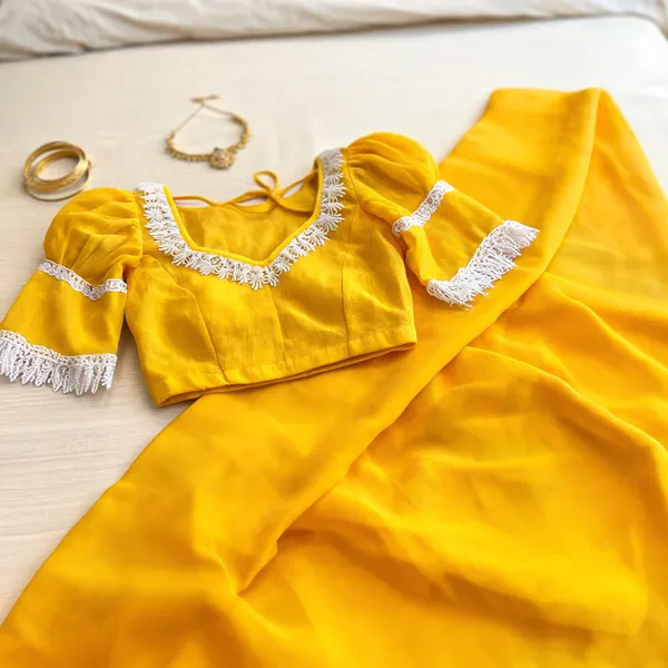 Yellow_Georgette_Lace_Detail_Haldi_Saree_&_Blouse_Set_For_Women