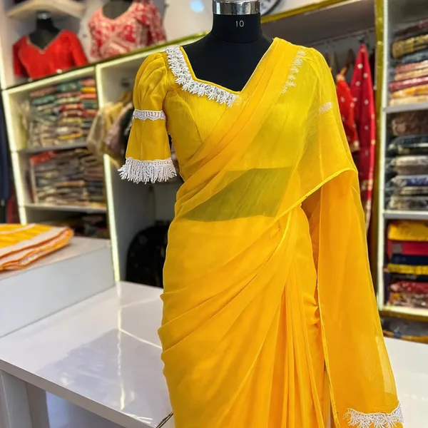 Yellow_Georgette_Lace_Detail_Haldi_Saree_&_Blouse_Set_For_Women