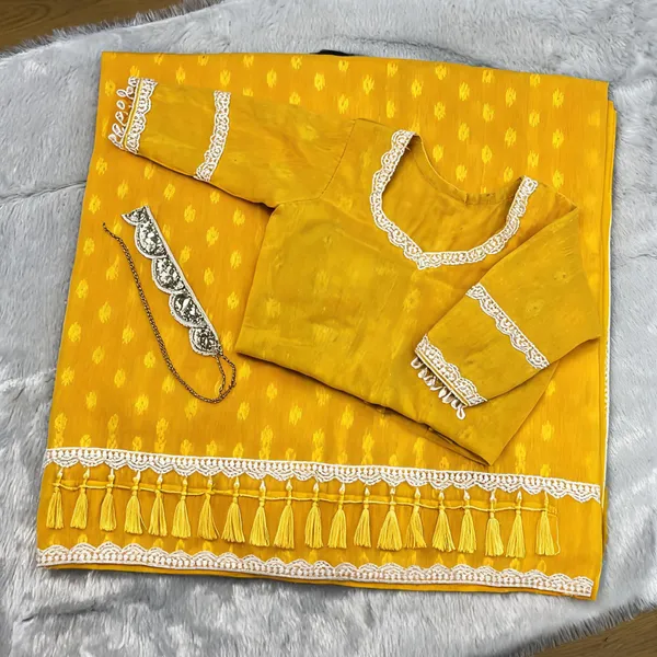 Yellow_Georgette_Lace_Detail_Haldi_Saree_&_Blouse_Set_For_Women