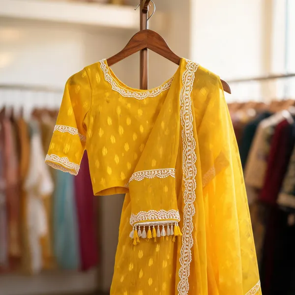 Yellow_Georgette_Lace_Detail_Haldi_Saree_&_Blouse_Set_For_Women